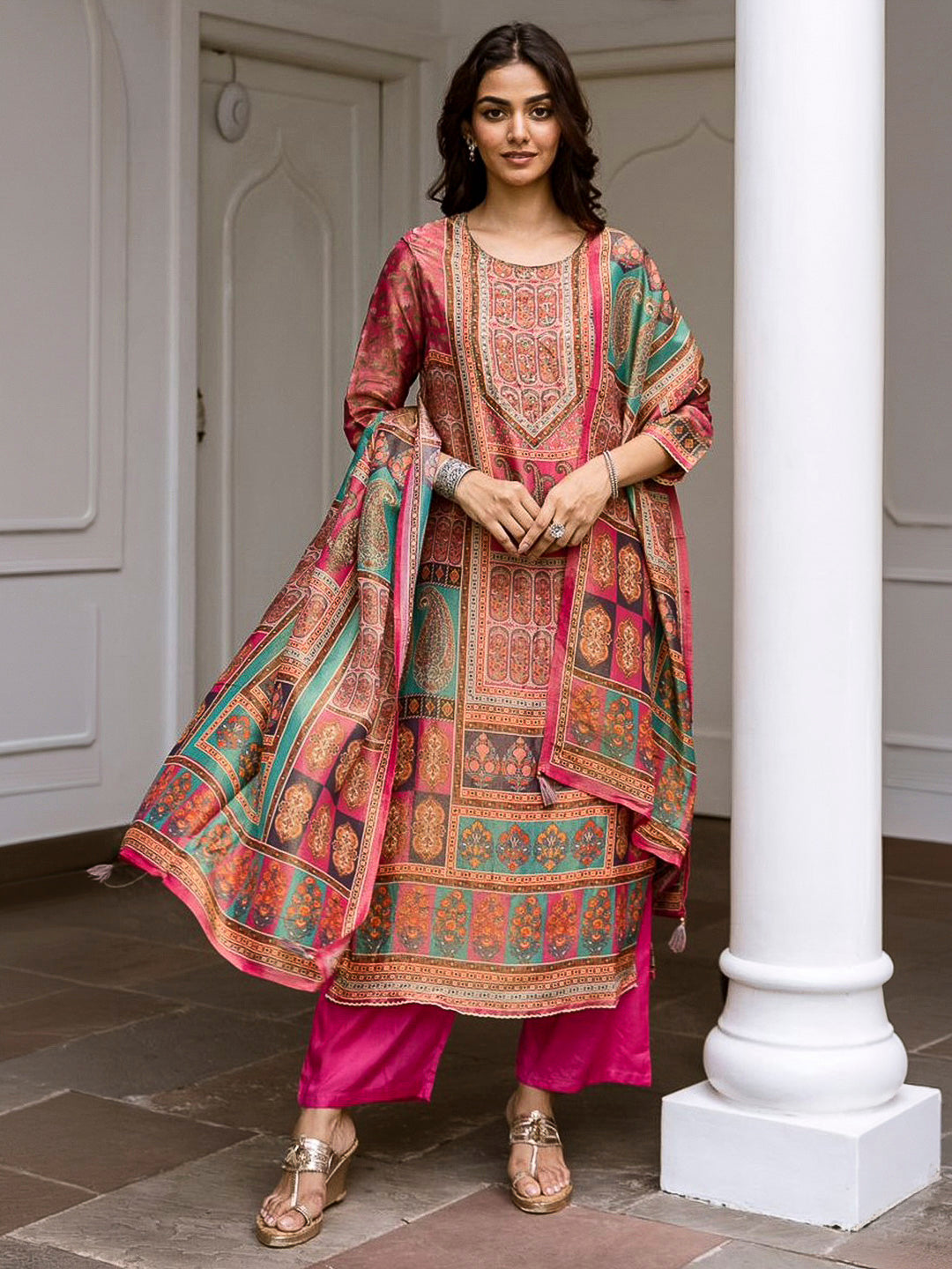 Pink Embroidered Tissue Kurta With Pant & Dupatta