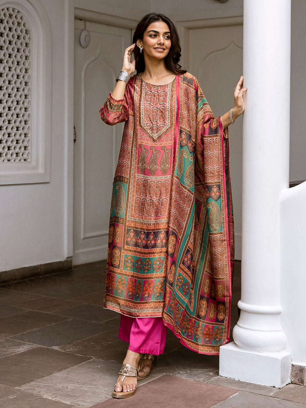 Pink Embroidered Tissue Kurta With Pant & Dupatta