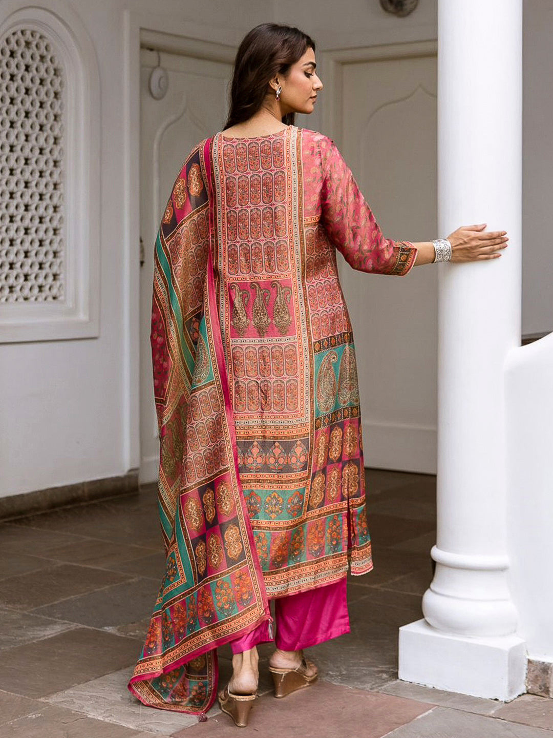 Pink Embroidered Tissue Kurta With Pant & Dupatta