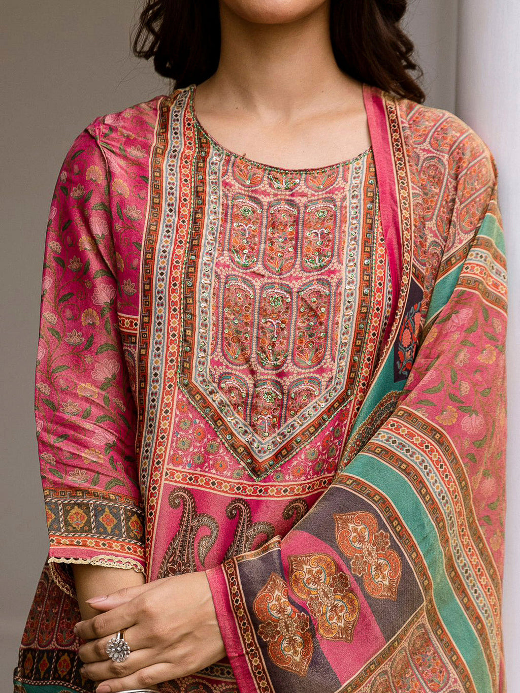 Pink Embroidered Tissue Kurta With Pant & Dupatta