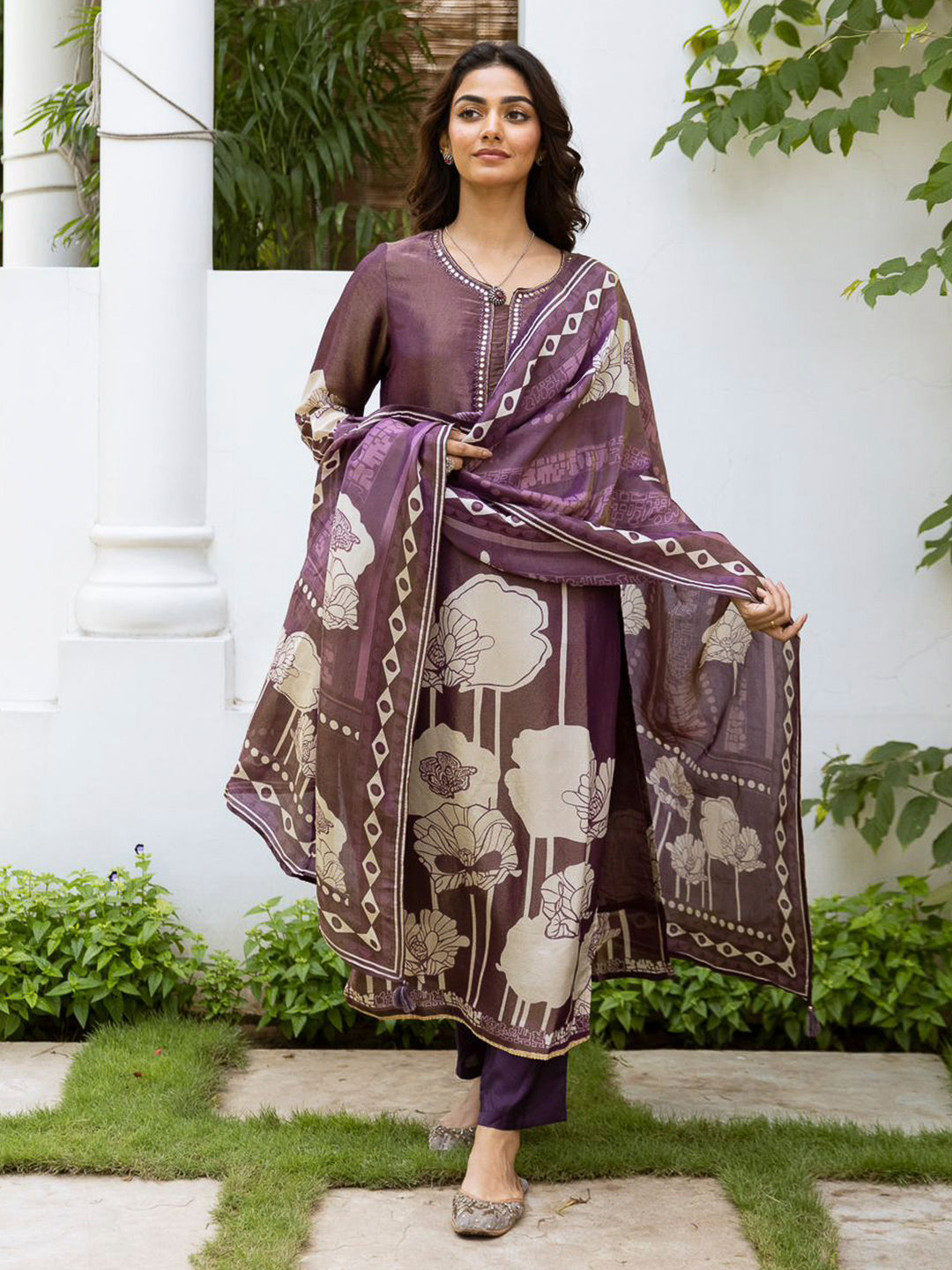 Purple Embroidered Tissue Kurta With Pant & Dupatta