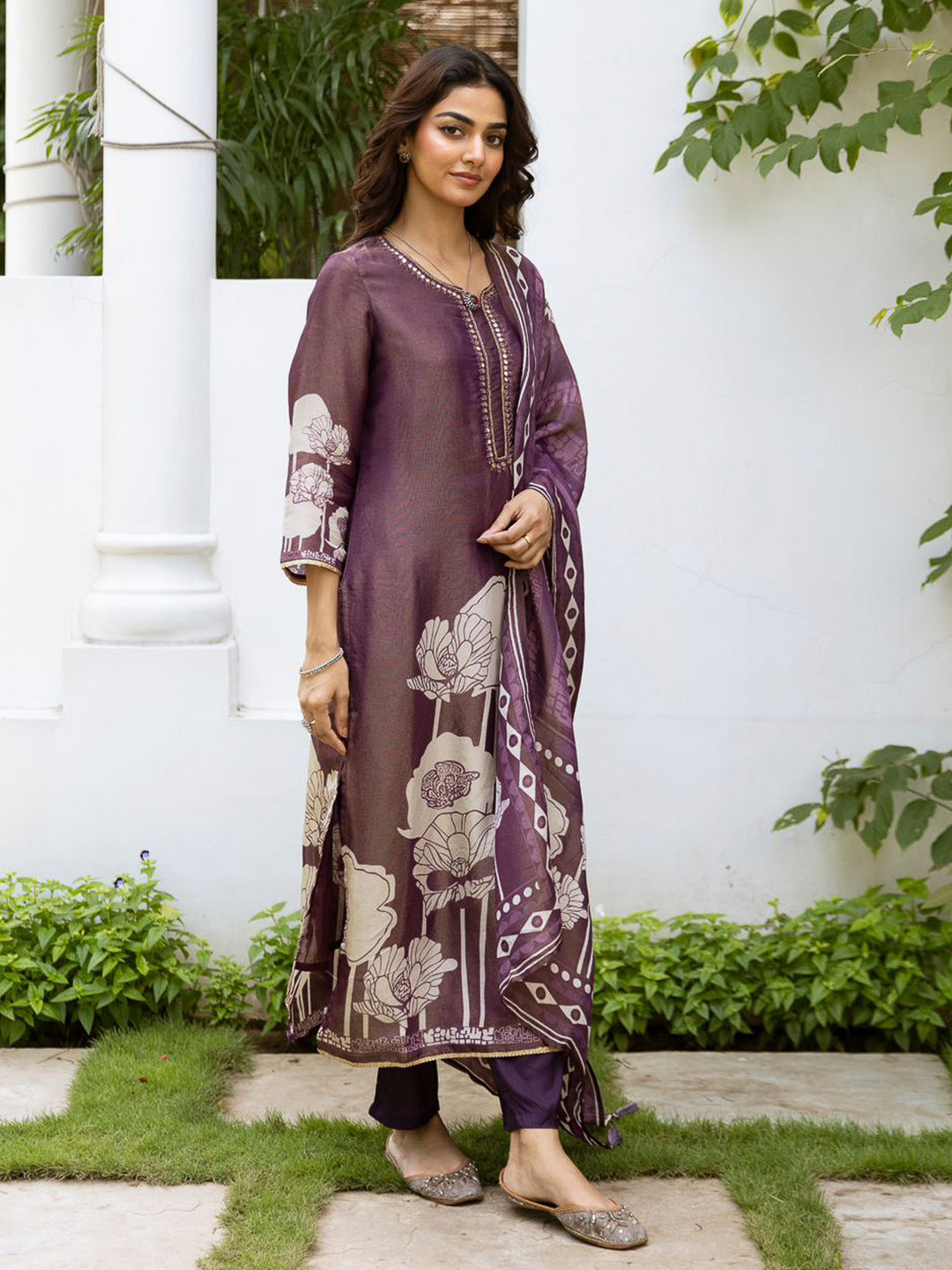 Purple Embroidered Tissue Kurta With Pant & Dupatta
