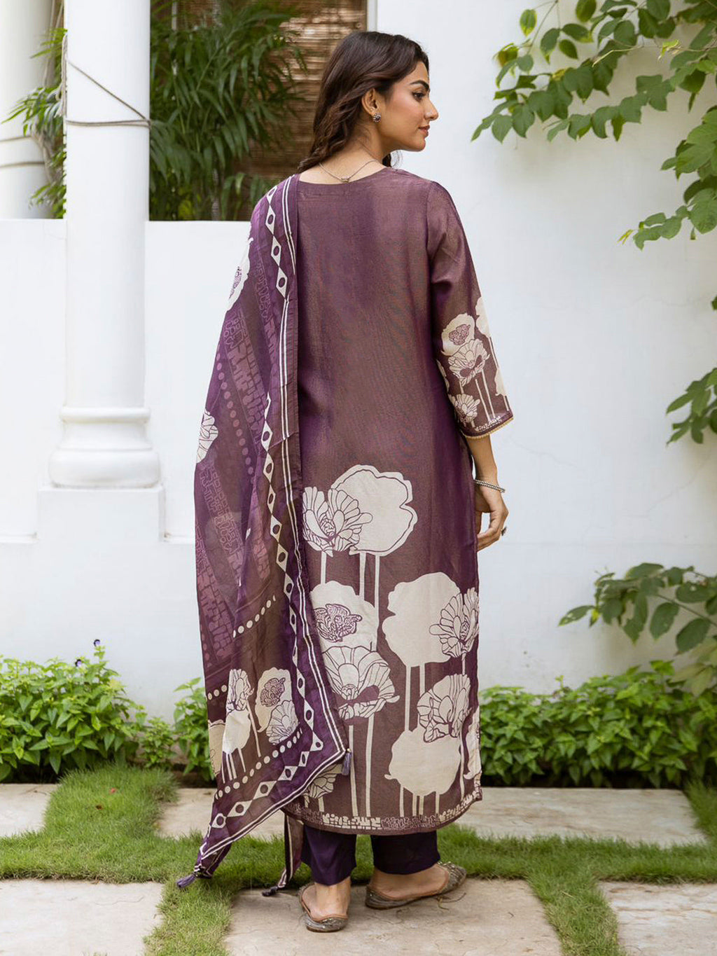 Purple Embroidered Tissue Kurta With Pant & Dupatta