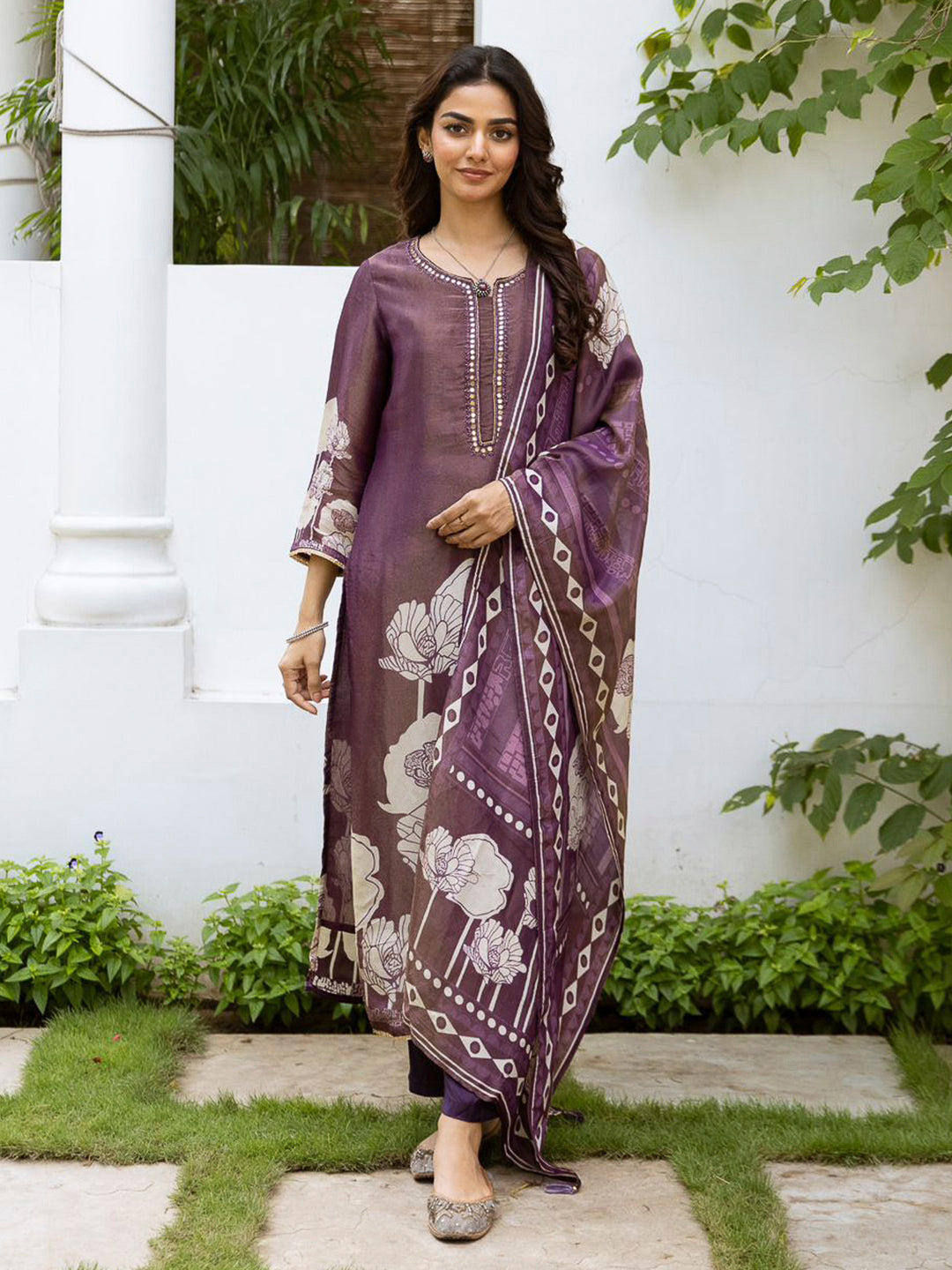 Purple Embroidered Tissue Kurta With Pant & Dupatta