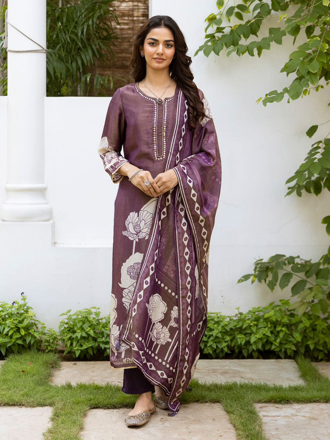 Purple Embroidered Tissue Kurta With Pant & Dupatta