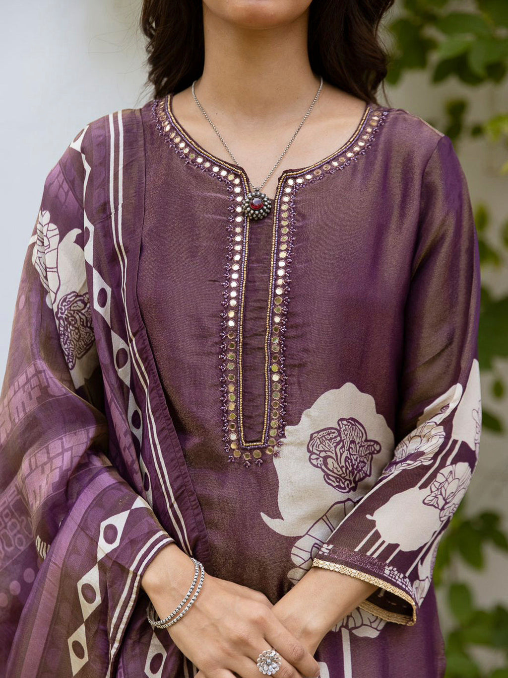 Purple Embroidered Tissue Kurta With Pant & Dupatta