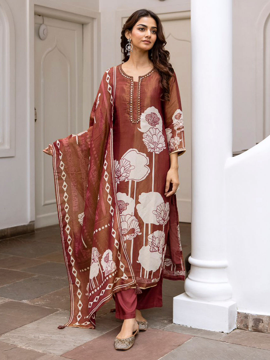 Brown Embroidered Tissue Kurta With Pant & Dupatta