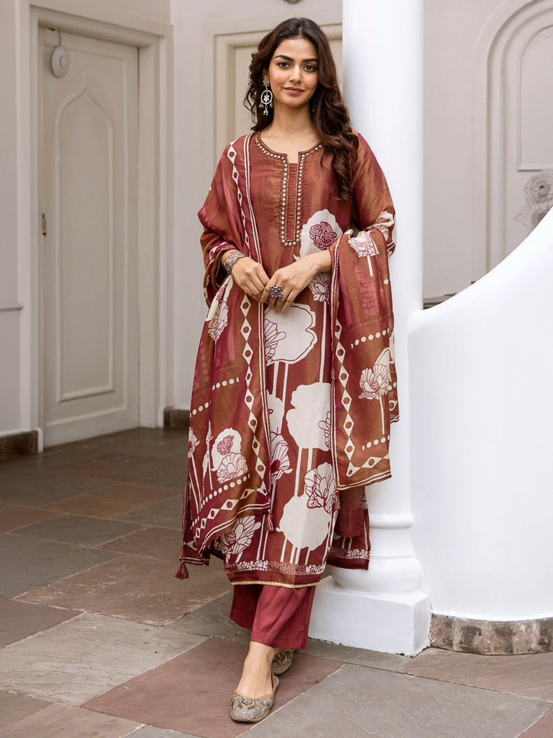 Brown Embroidered Tissue Kurta With Pant & Dupatta