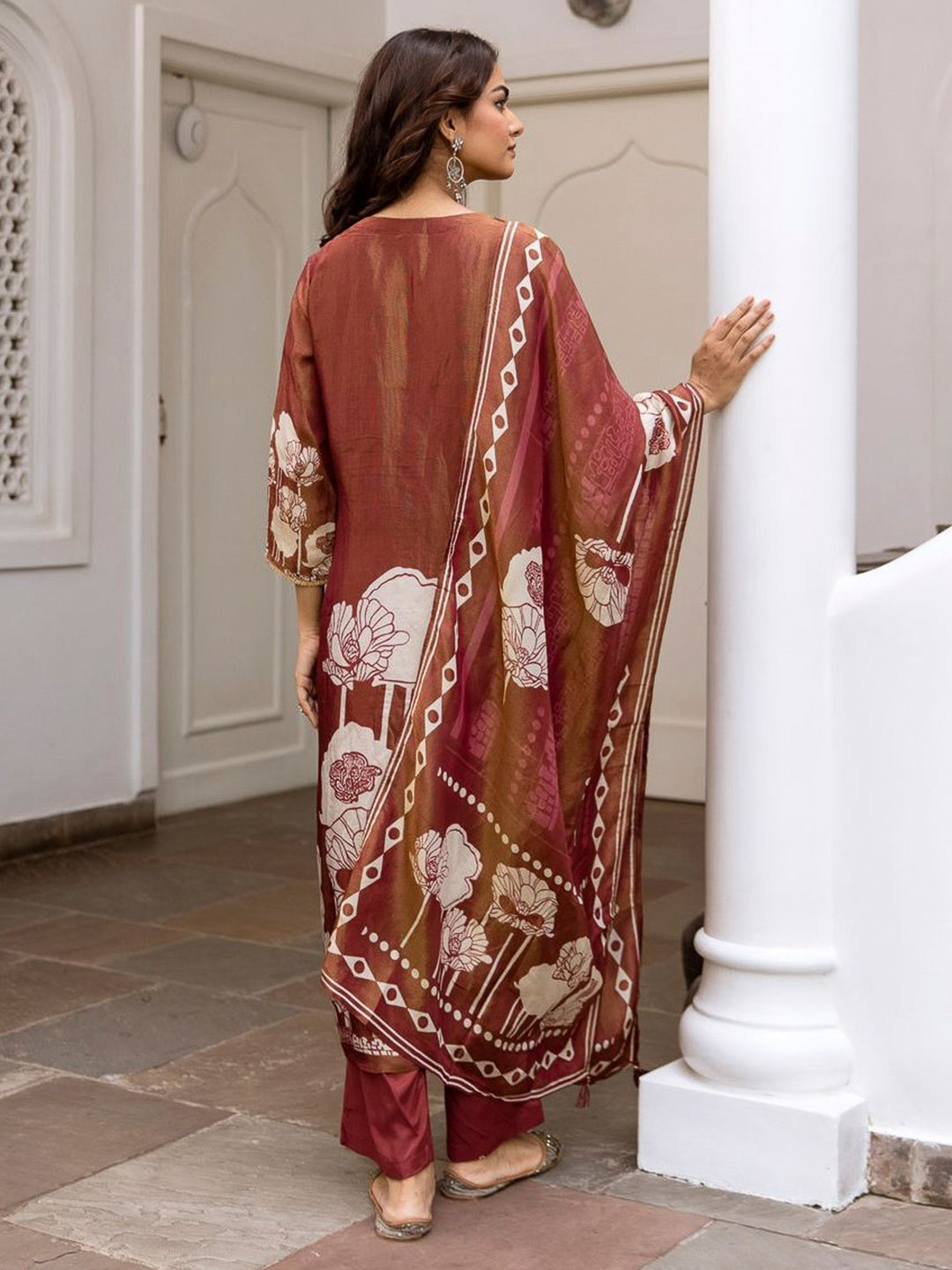 Brown Embroidered Tissue Kurta With Pant & Dupatta