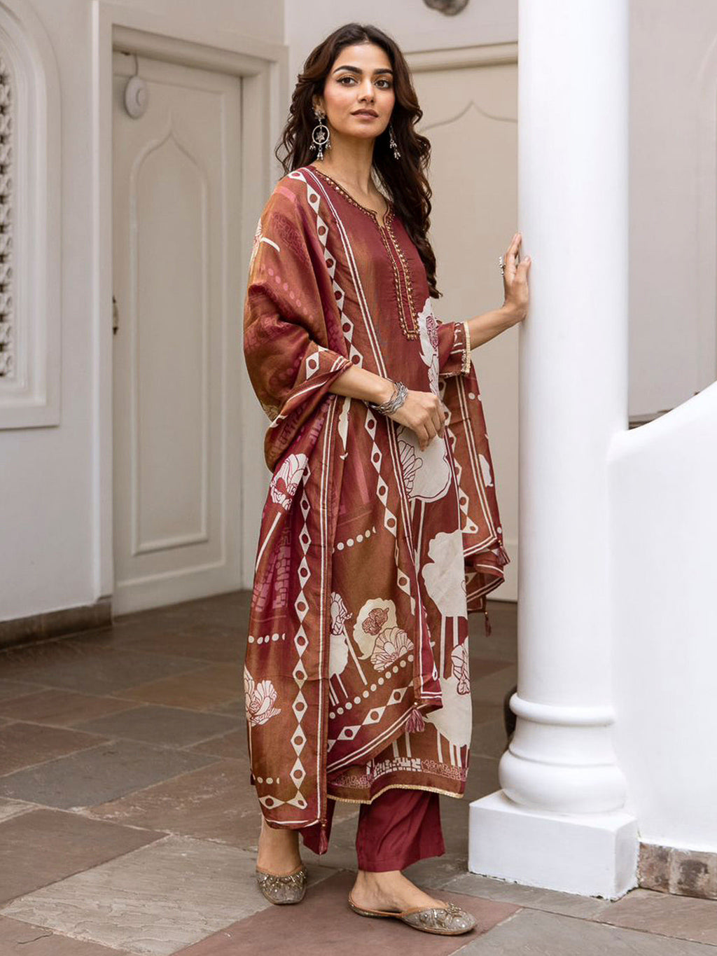 Brown Embroidered Tissue Kurta With Pant & Dupatta