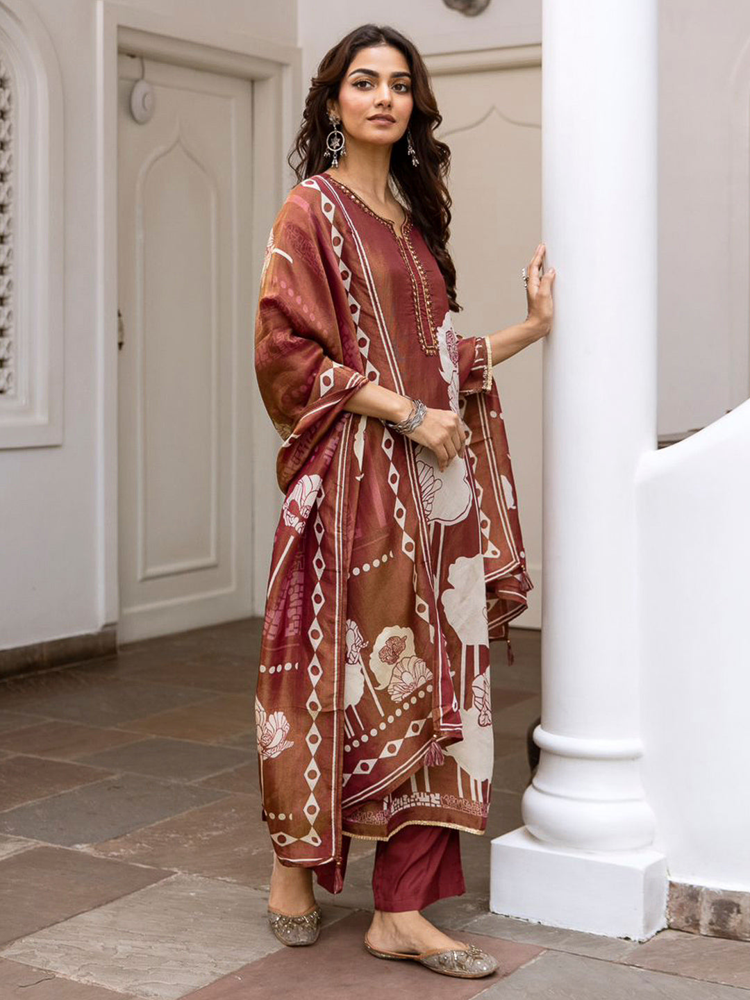 Brown Embroidered Tissue Kurta With Pant & Dupatta