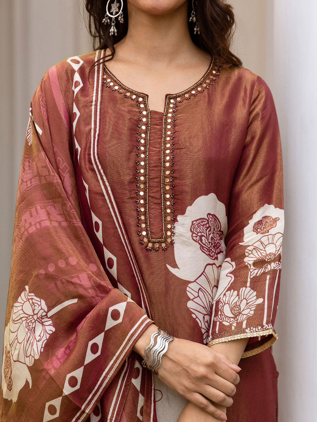 Brown Embroidered Tissue Kurta With Pant & Dupatta
