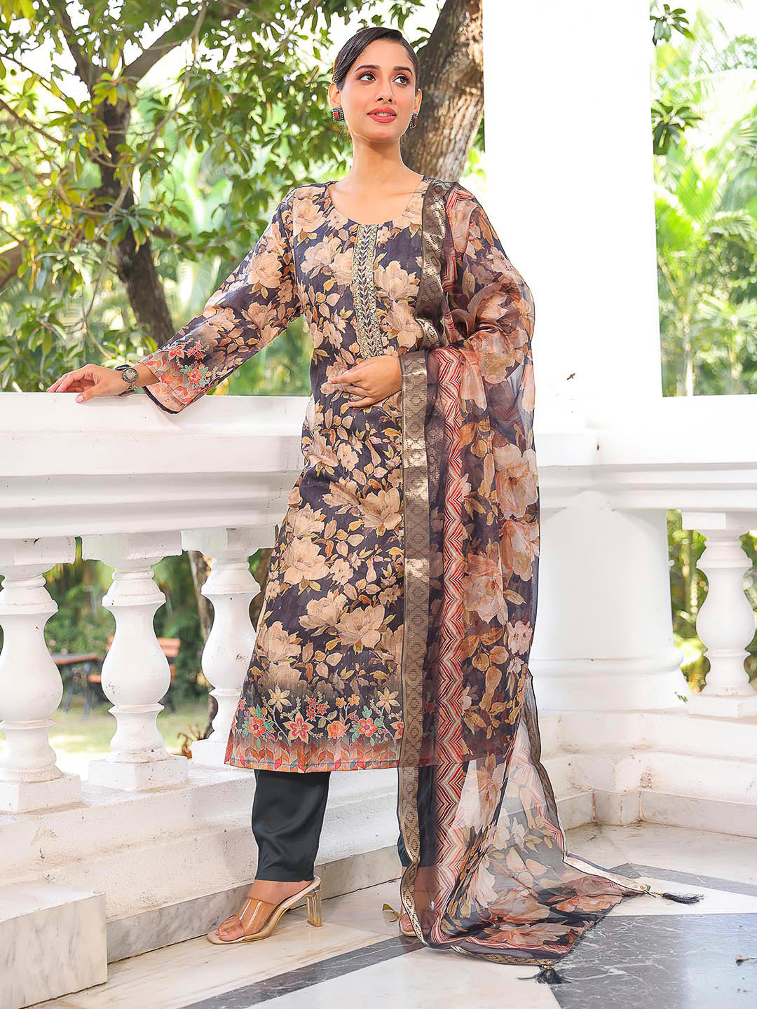 Black Embroidered Art Silk Kurta With Pant & Dupatta