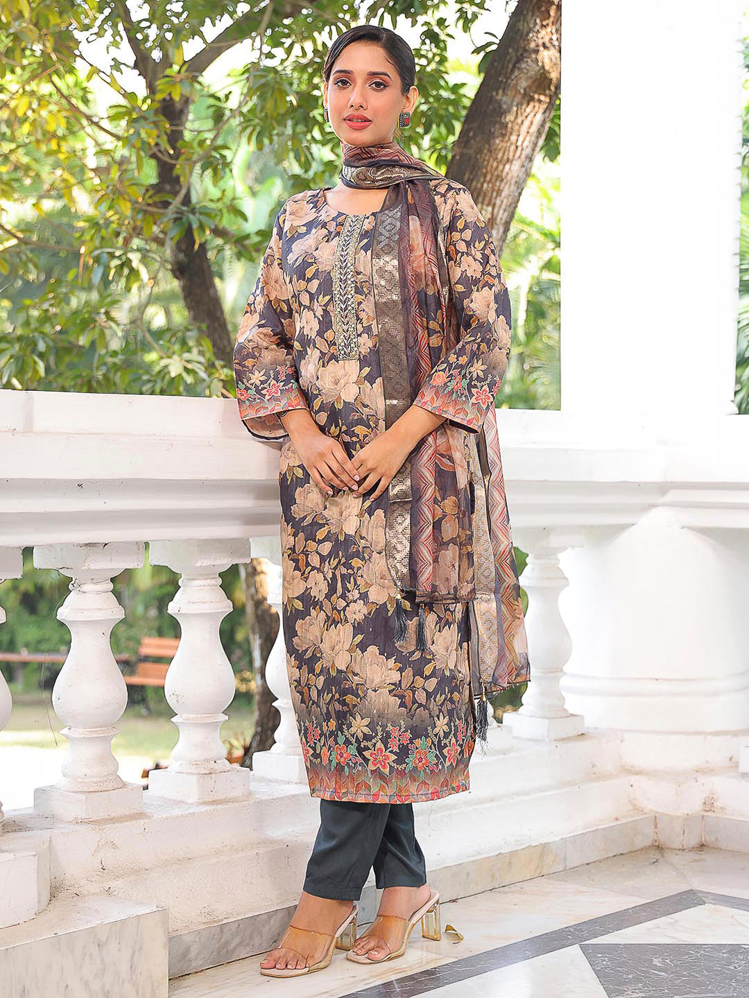 Black Embroidered Art Silk Kurta With Pant & Dupatta