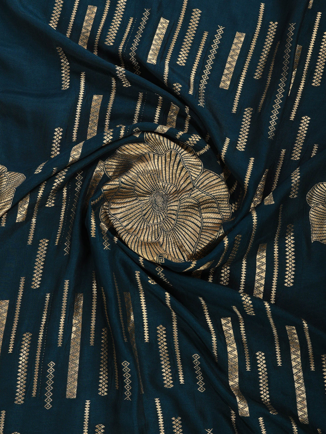 Teal Blue Embroidered Cotton Blend Round Neck Suit Set