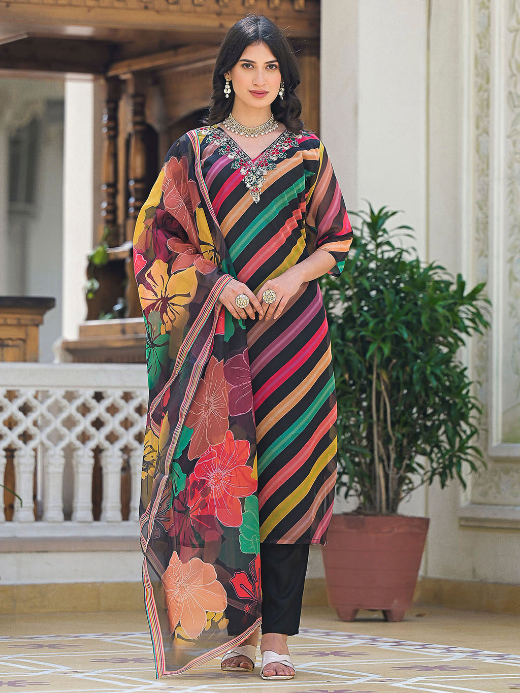 Multi-Colored Embroidered Organza Kurta With Pant & Dupatta