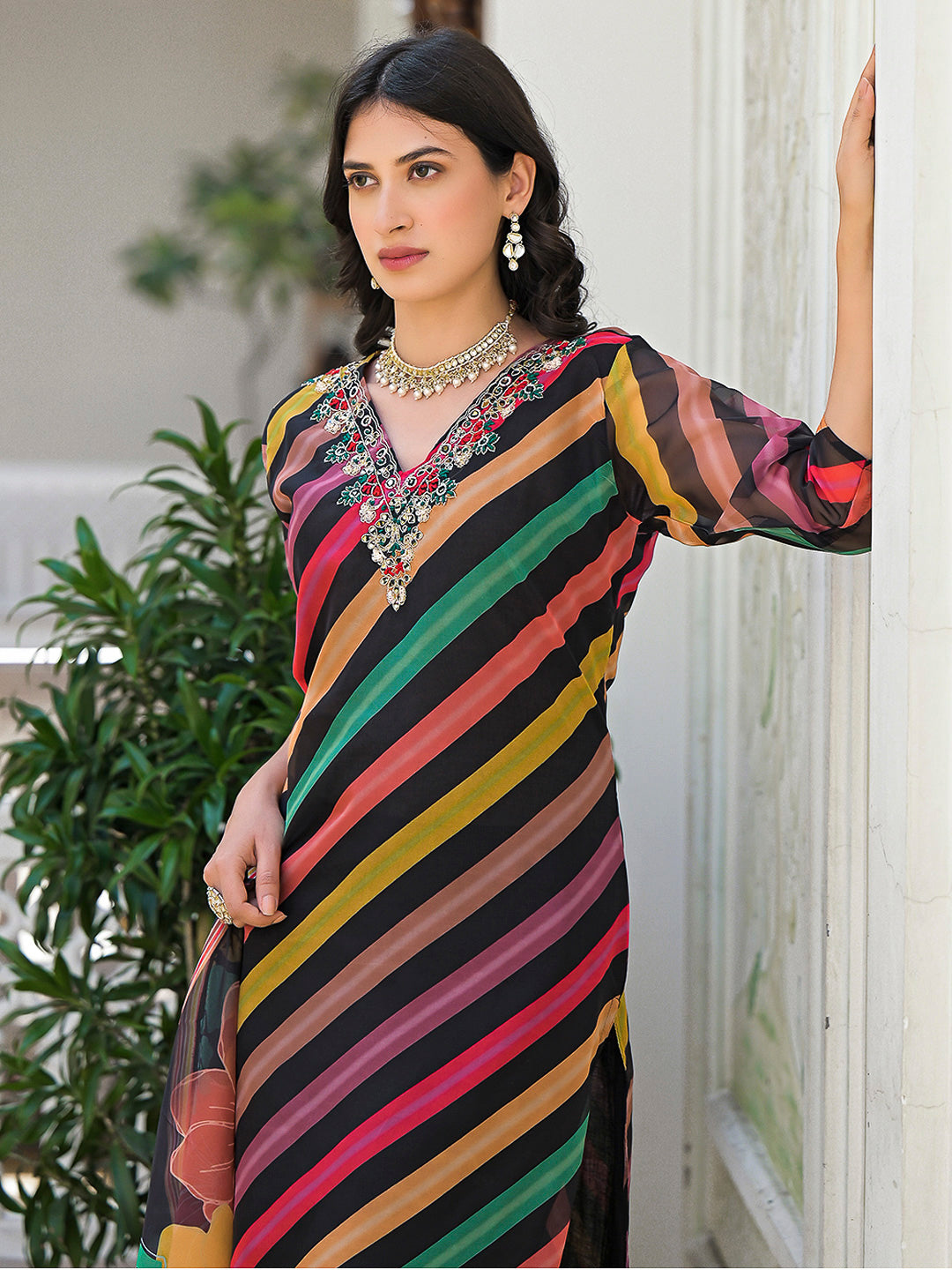 Multi-Colored Embroidered Organza Kurta With Pant & Dupatta