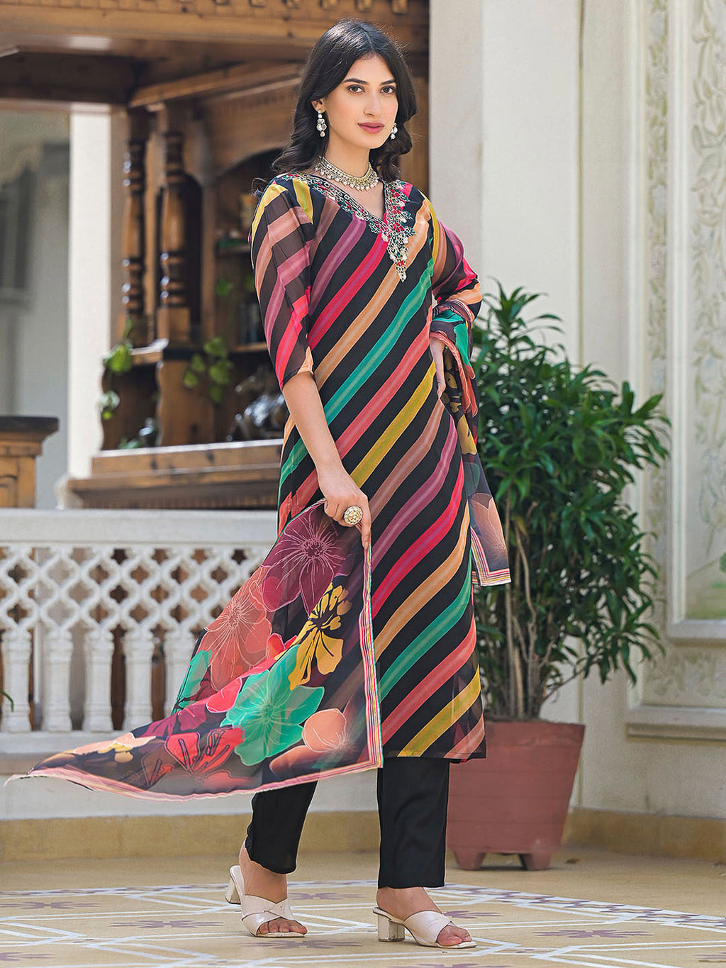 Multi-Colored Embroidered Organza Kurta With Pant & Dupatta