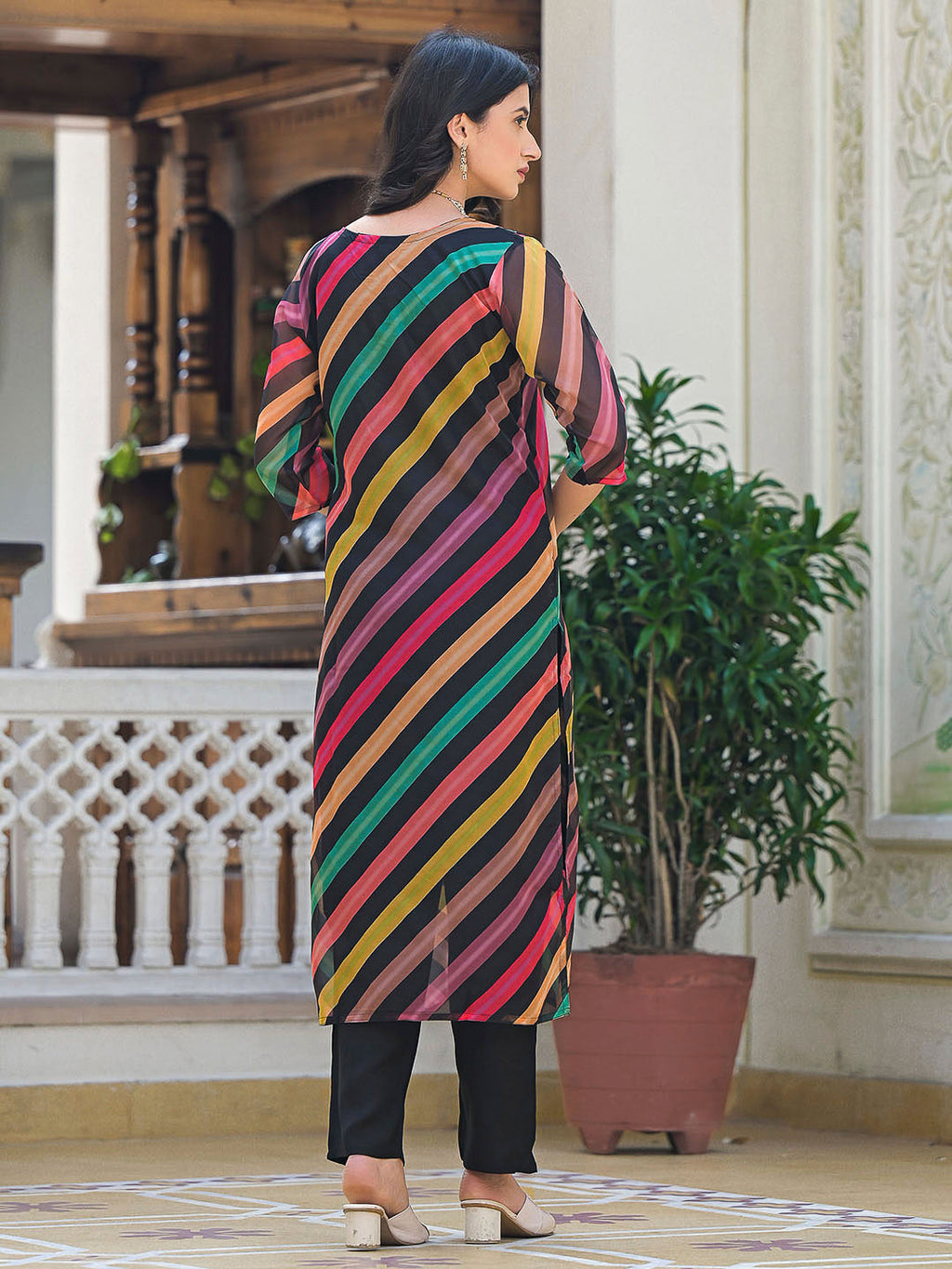 Multi-Colored Embroidered Organza Kurta With Pant & Dupatta