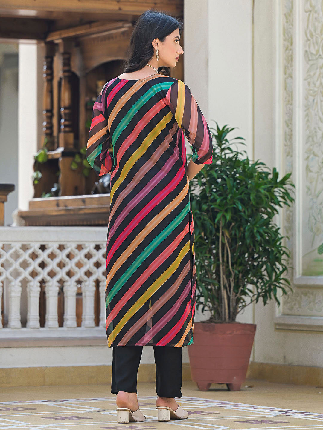Multi-Colored Embroidered Organza Kurta With Pant & Dupatta