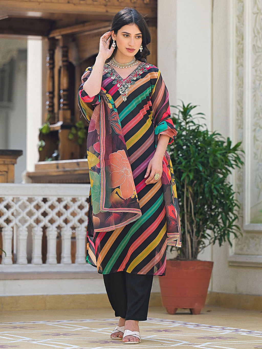 Multi-Colored Embroidered Organza Kurta With Pant & Dupatta