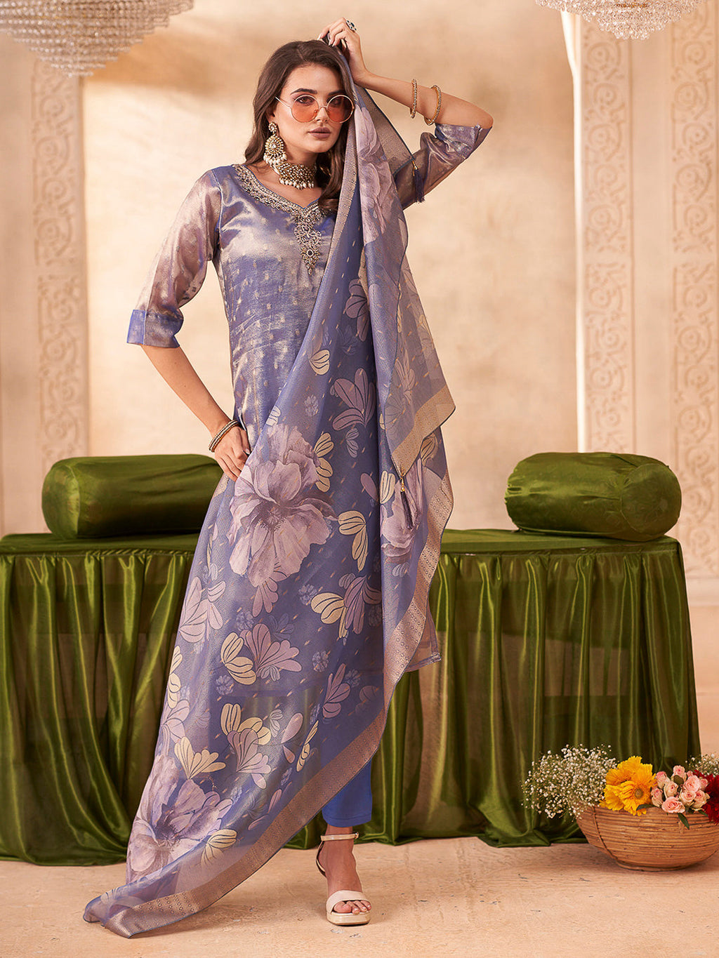 Blue Embroidered Art Silk Kurta With Pant & Dupatta