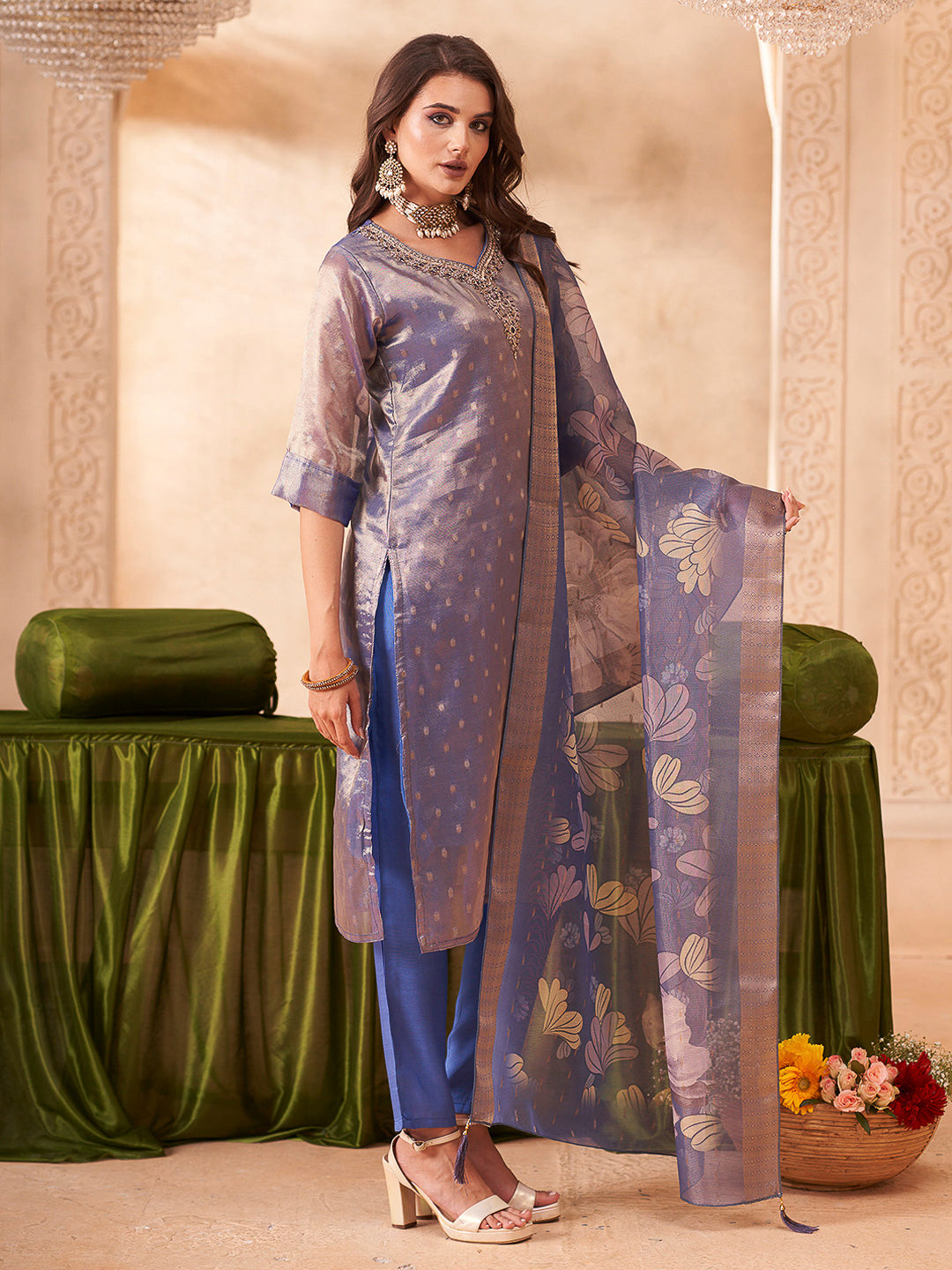 Blue Embroidered Art Silk Kurta With Pant & Dupatta