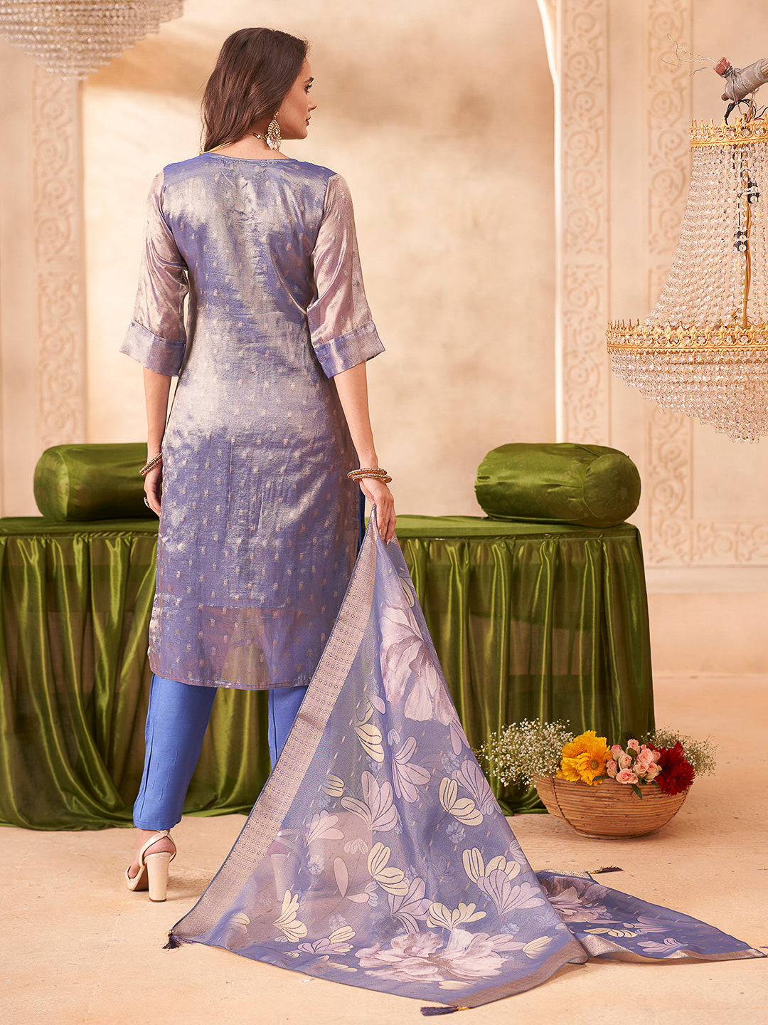 Blue Embroidered Art Silk Kurta With Pant & Dupatta