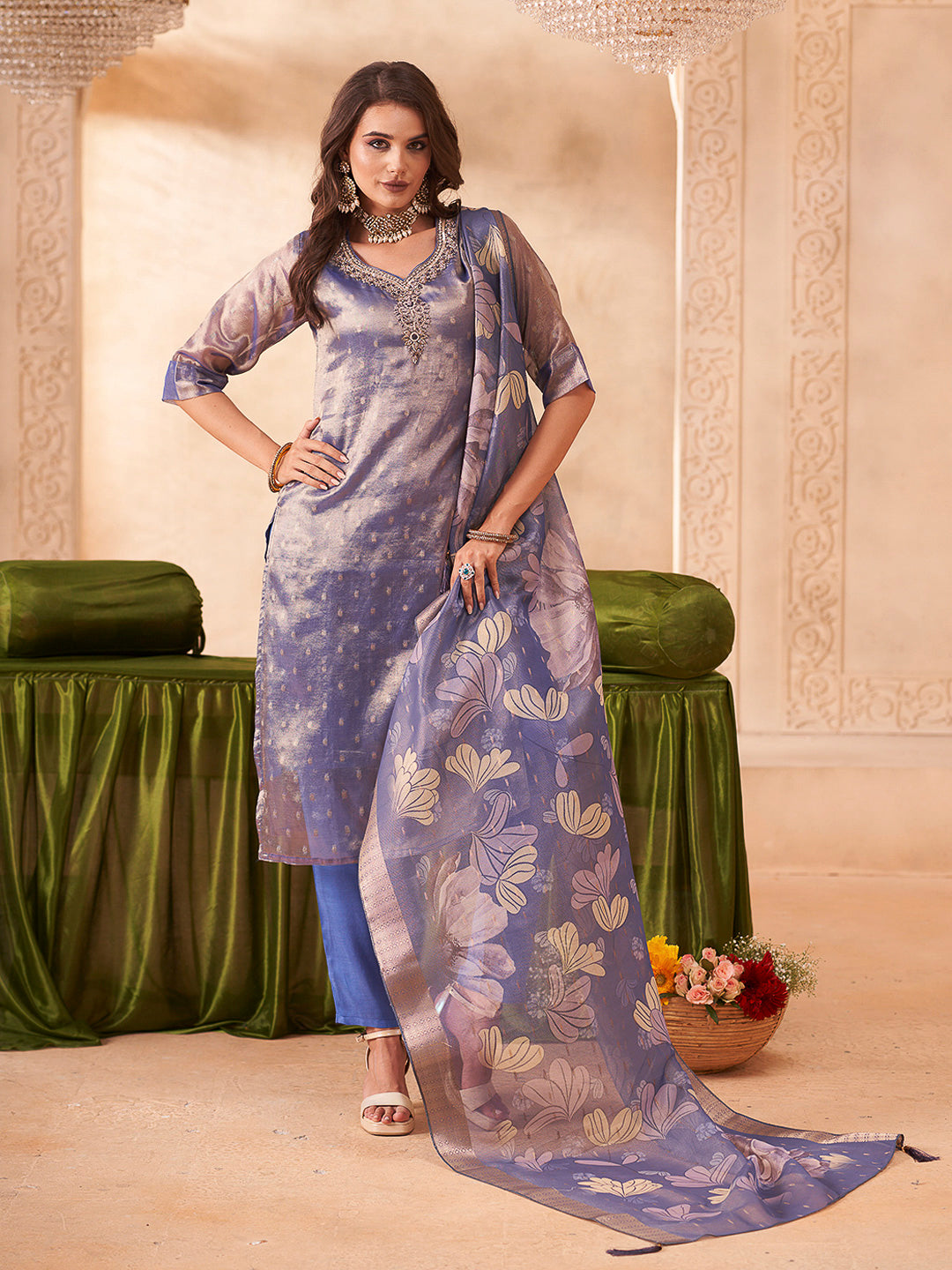 Blue Embroidered Art Silk Kurta With Pant & Dupatta
