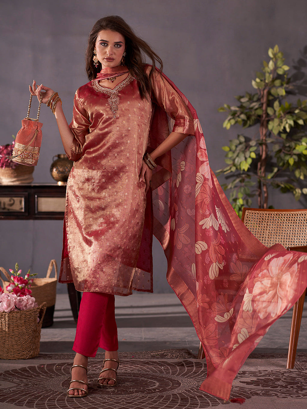 Maroon Embroidered Art Silk Kurta With Pant & Dupatta