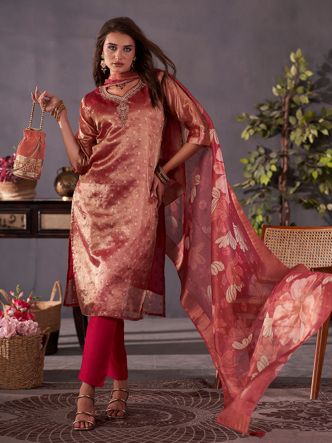Maroon Embroidered Art Silk Kurta With Pant & Dupatta