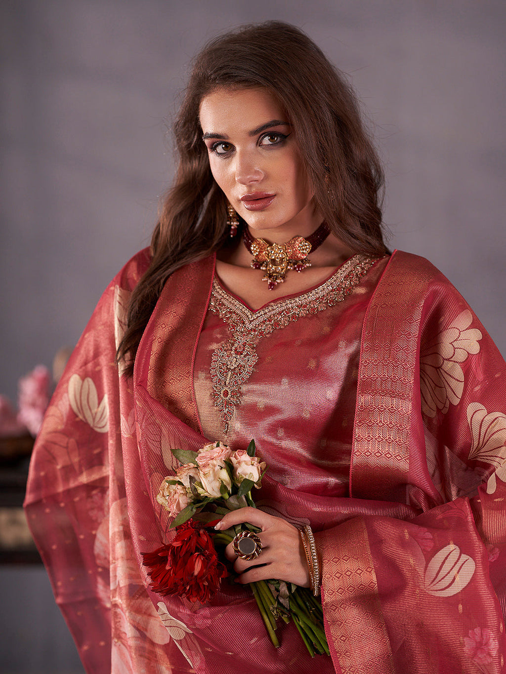 Maroon Embroidered Art Silk Kurta With Pant & Dupatta