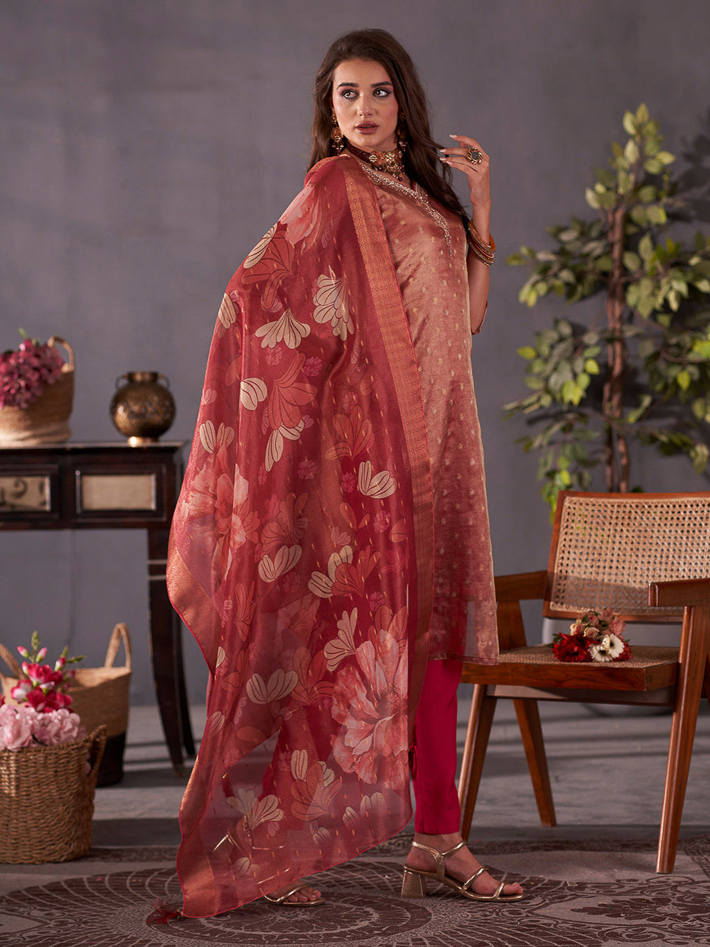 Maroon Embroidered Art Silk Kurta With Pant & Dupatta