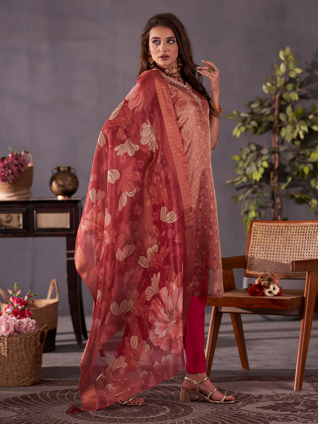 Maroon Embroidered Art Silk Kurta With Pant & Dupatta