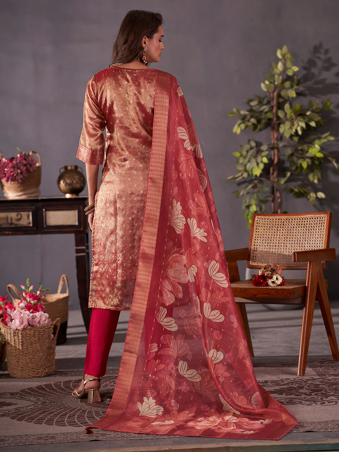 Maroon Embroidered Art Silk Kurta With Pant & Dupatta