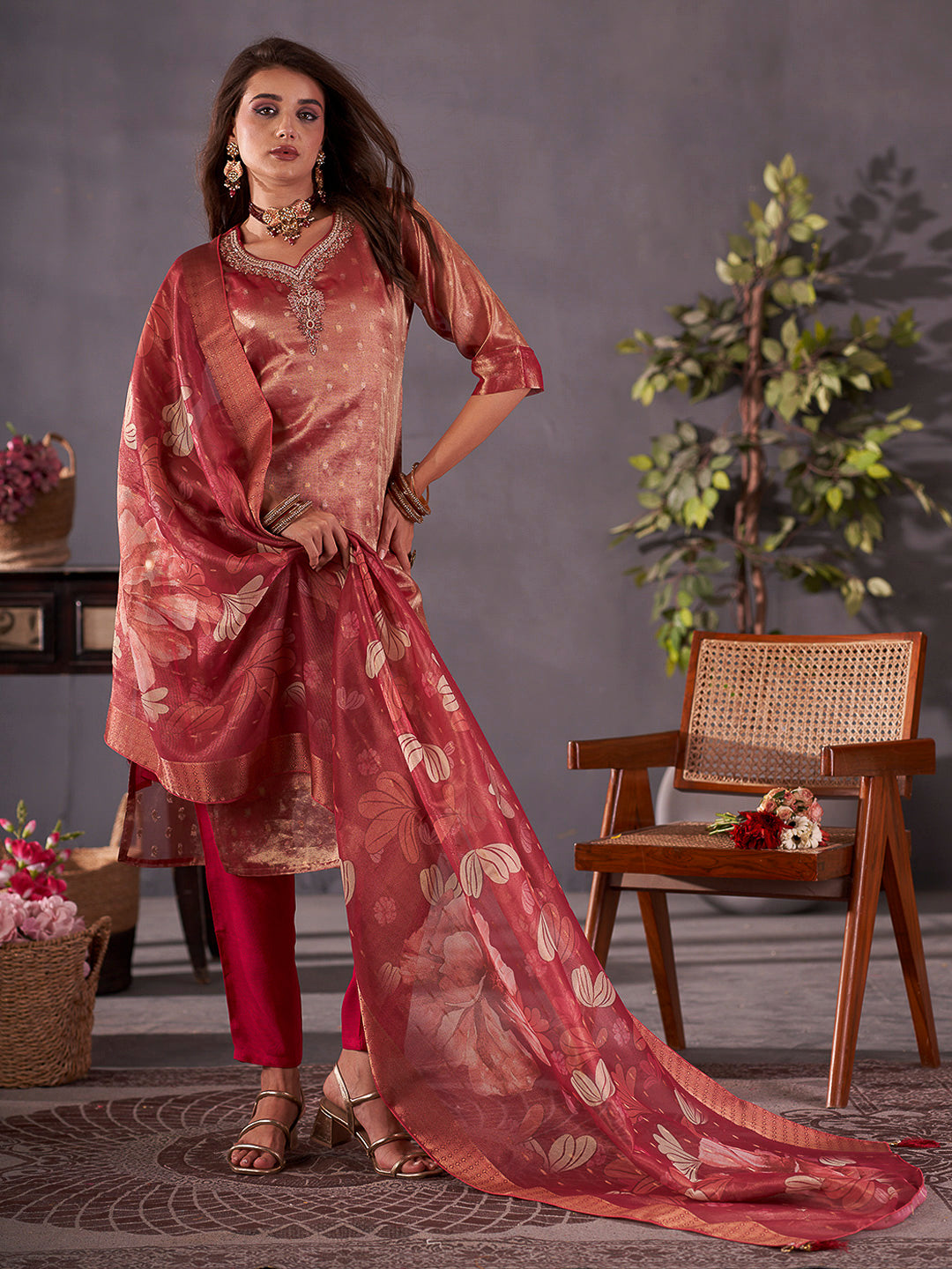 Maroon Embroidered Art Silk Kurta With Pant & Dupatta
