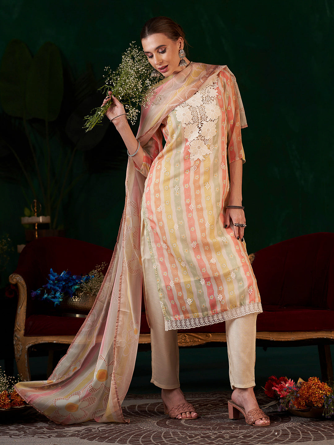 Multi-Colored Embroidered Organza Kurta With Pant & Dupatta
