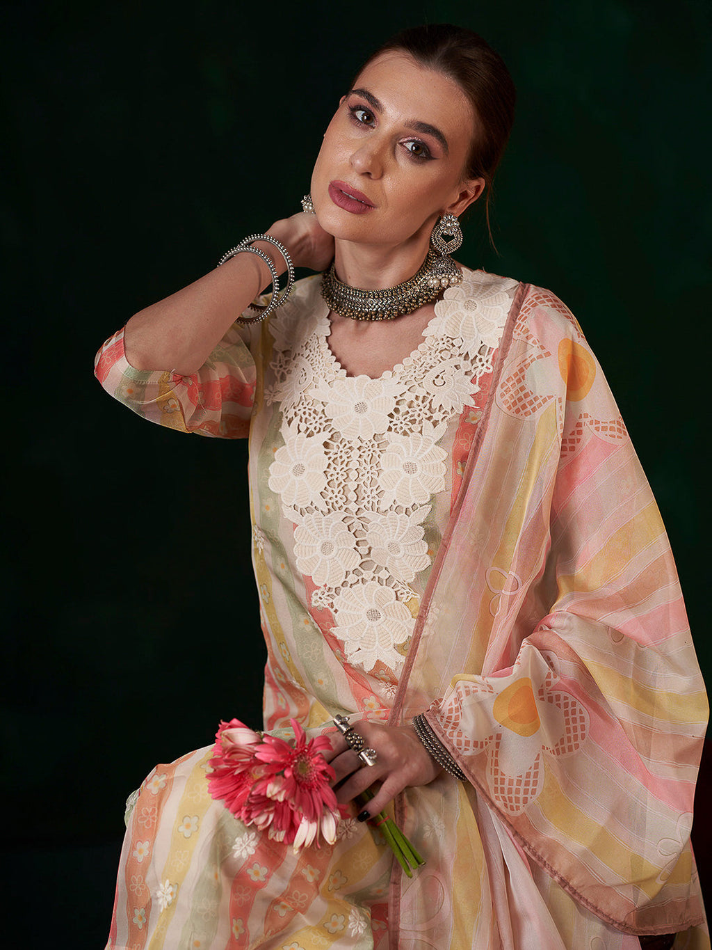 Multi-Colored Embroidered Organza Kurta With Pant & Dupatta
