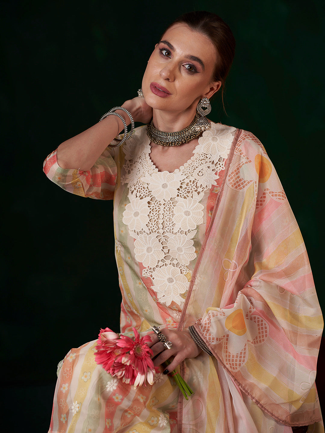 Multi-Colored Embroidered Organza Kurta With Pant & Dupatta