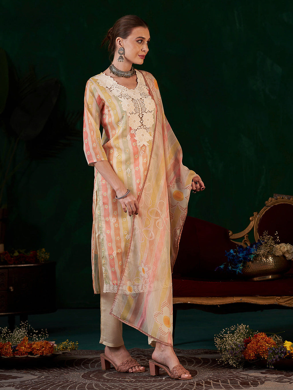 Multi-Colored Embroidered Organza Kurta With Pant & Dupatta