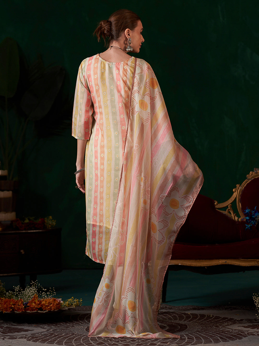 Multi-Colored Embroidered Organza Kurta With Pant & Dupatta