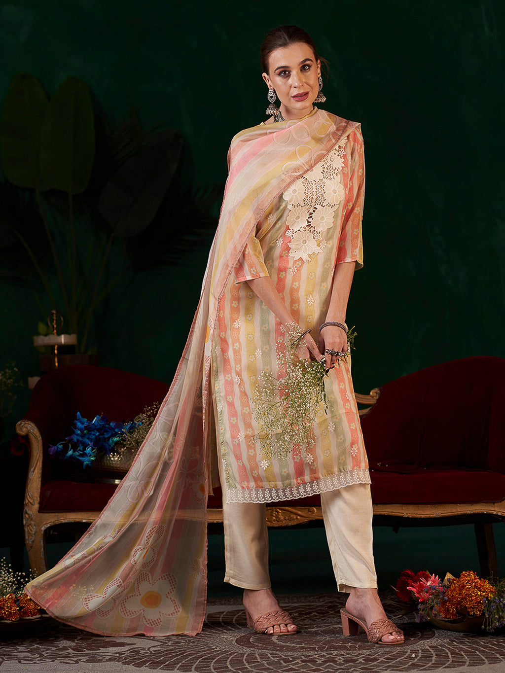 Multi-Colored Embroidered Organza Kurta With Pant & Dupatta