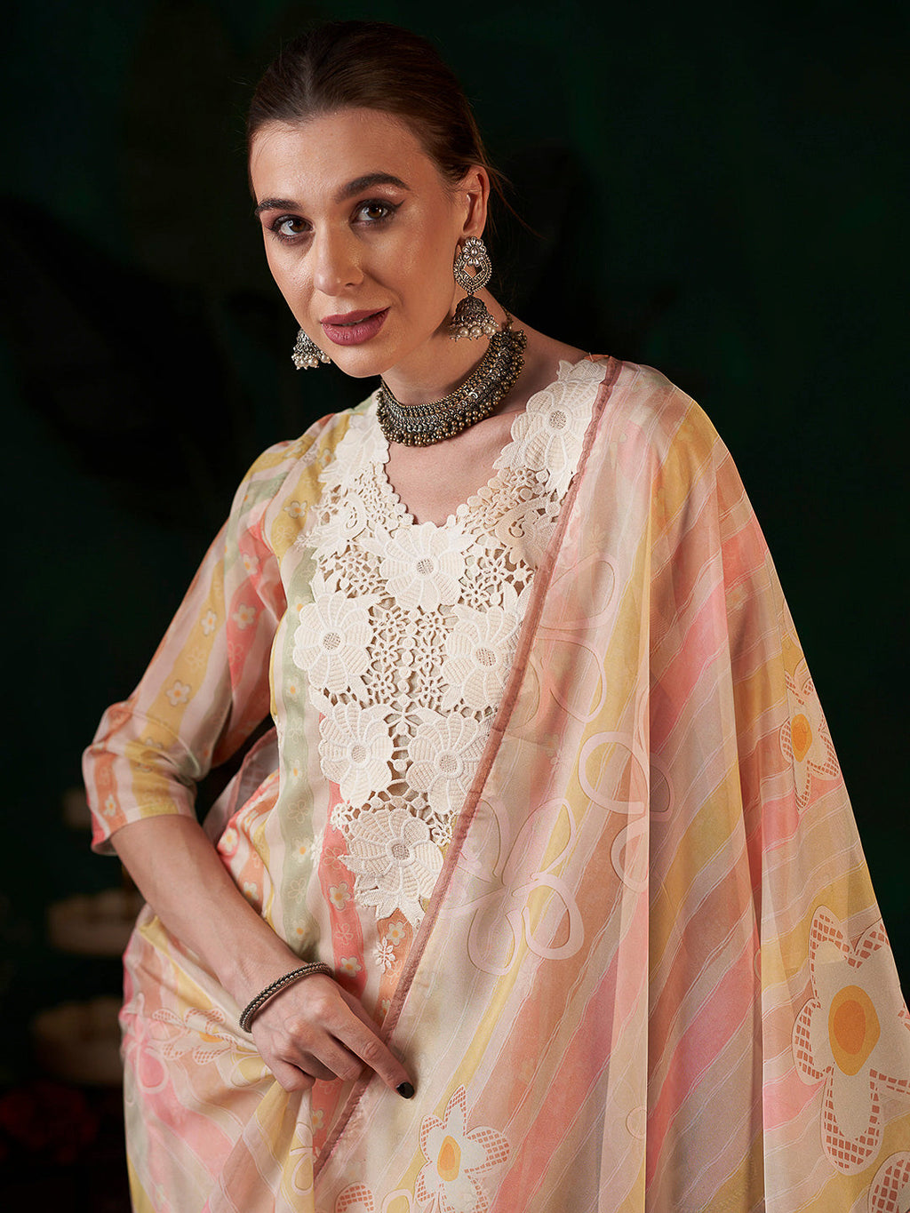 Multi-Colored Embroidered Organza Kurta With Pant & Dupatta