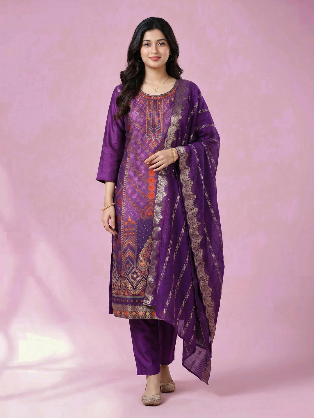 Purple Embroidered Crepe Round Neck Suit Set