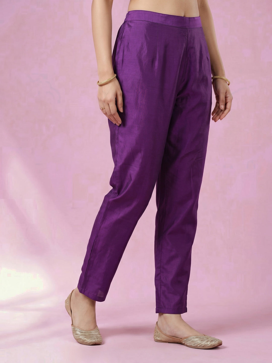 Purple Embroidered Crepe Round Neck Suit Set