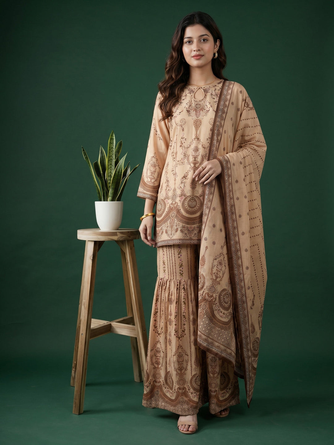 Beige Printed Muslin Round Neck Kurta &amp; Palazo With Muslin Dupatta