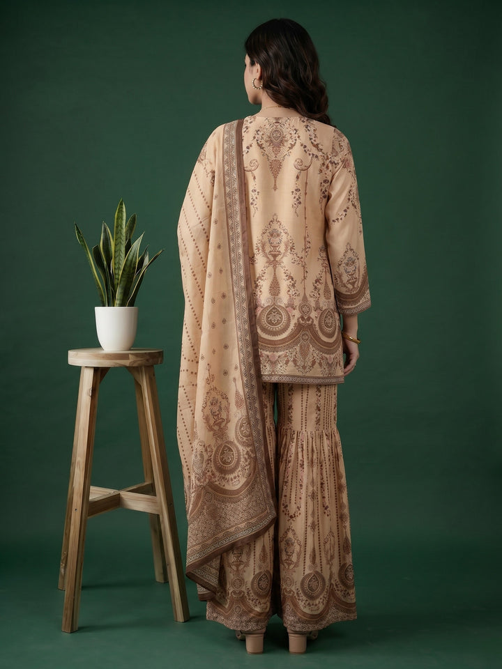Beige Printed Muslin Round Neck Kurta &amp; Palazo With Muslin Dupatta