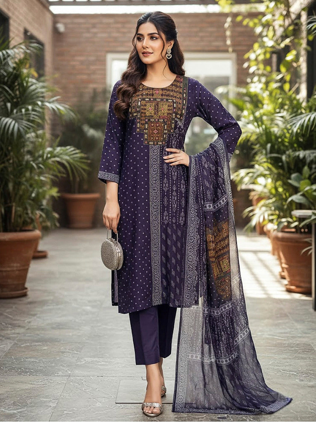 Blue Embroidered Cotton Blend Kurta With Pant & Dupatta