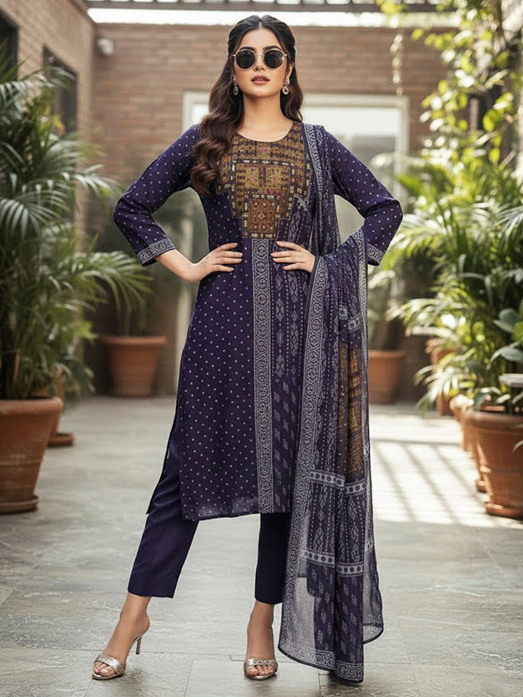 Blue Embroidered Cotton Blend Kurta With Pant & Dupatta