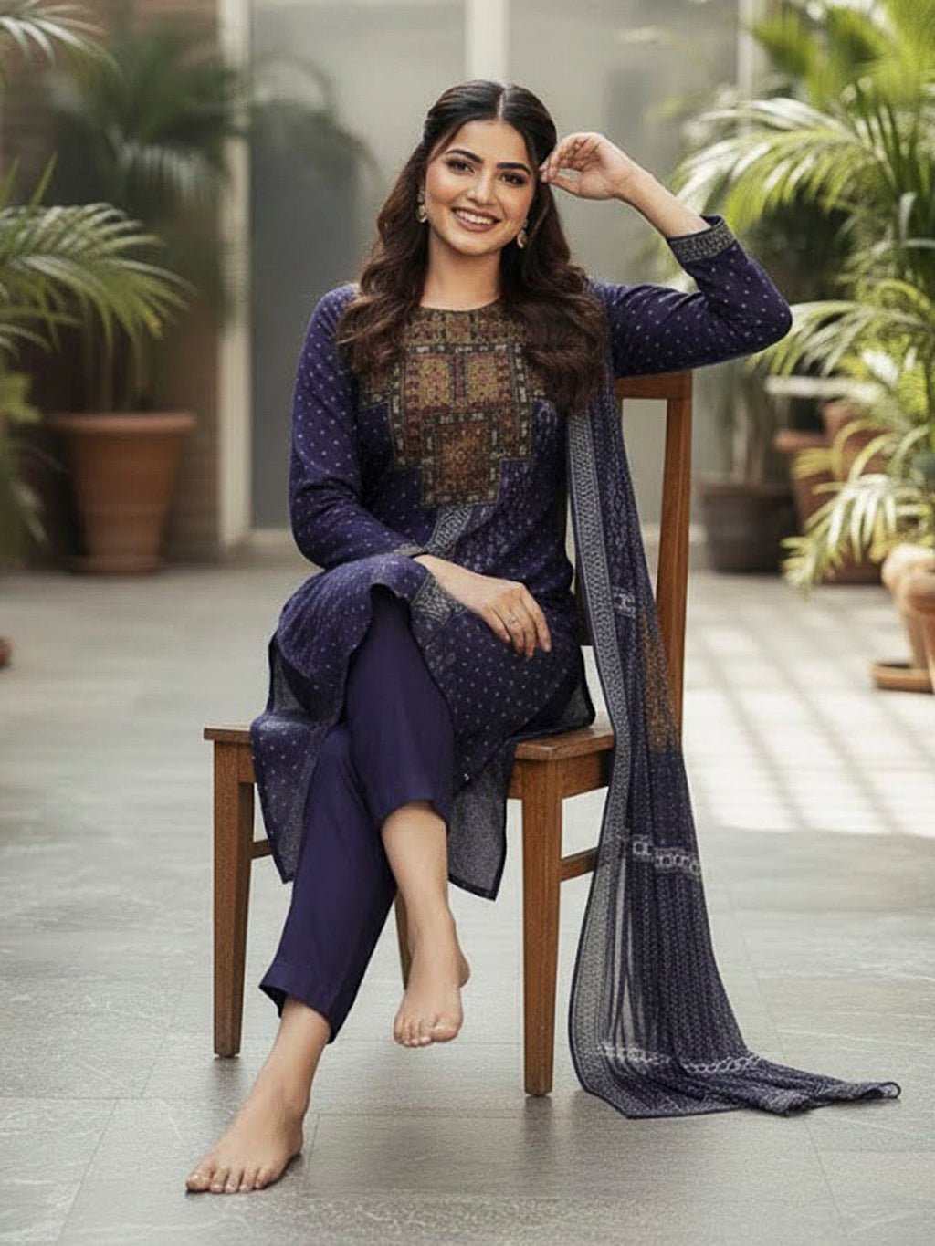 Blue Embroidered Cotton Blend Kurta With Pant & Dupatta